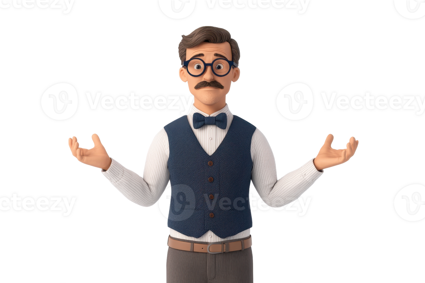 A stylized figurine of a bespectacled man in a vest and bow tie, posed with arms raised in a welcoming gesture. png