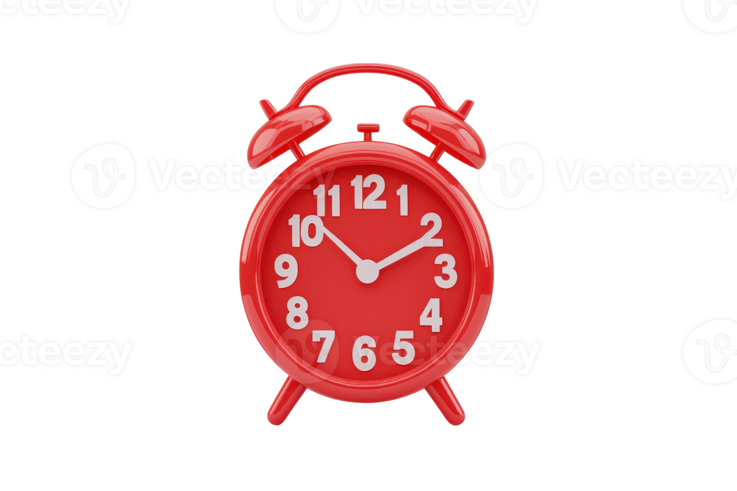 A bright red alarm clock with a classic design featuring two bells on top and large, easy-to-read numbers. png