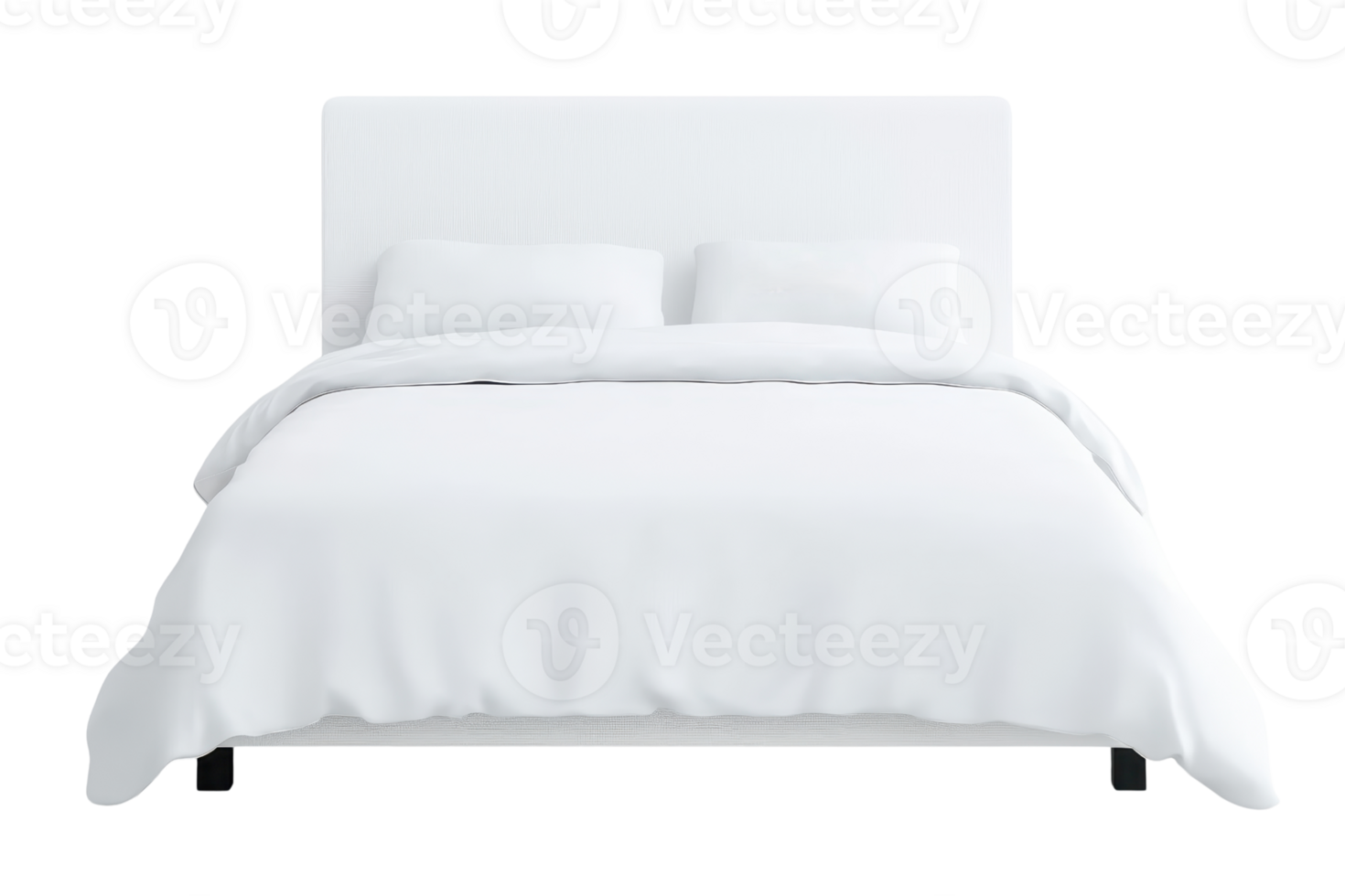 A modern white bed with two pillows and a fluffy comforter, designed for a cozy sleeping space. png