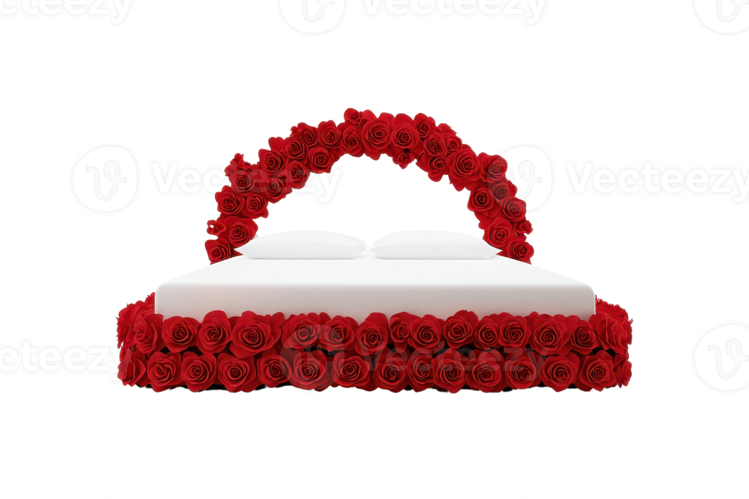 A beautifully arranged bed adorned with vibrant red roses, featuring plush white pillows, creating a romantic and inviting atmosphere. png