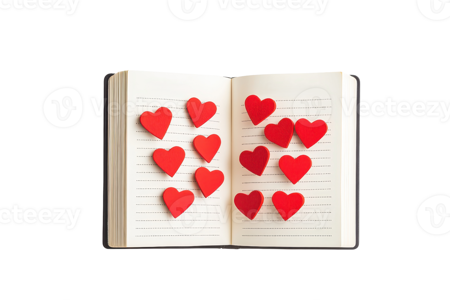 An open notebook with scattered red heart shapes on its pages, symbolizing love and affection. png