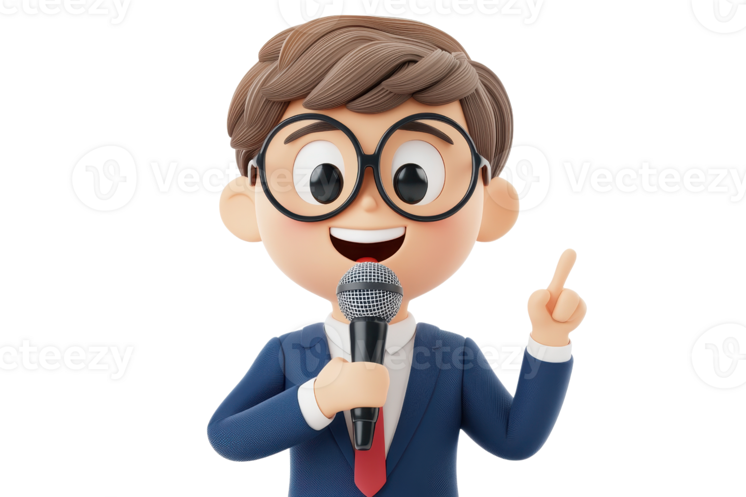 A cheerful cartoon character with glasses holding a microphone while gesturing, dressed in a blue suit, exuding enthusiasm and confidence. png