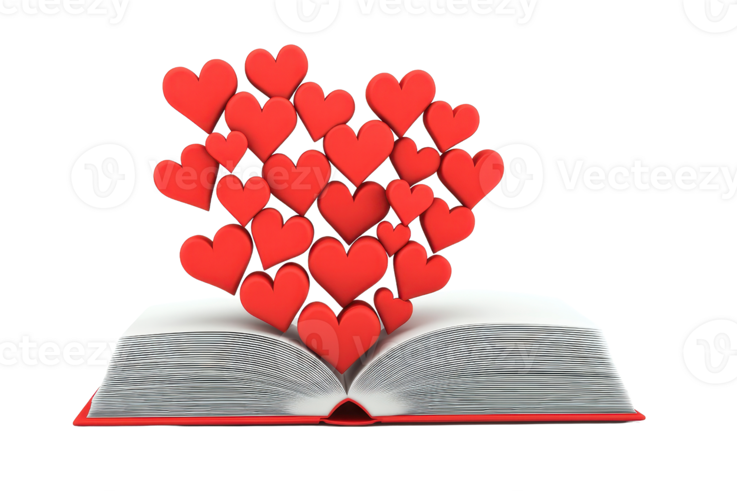 An open book with a flurry of red hearts floating above it, symbolizing love and romance. png