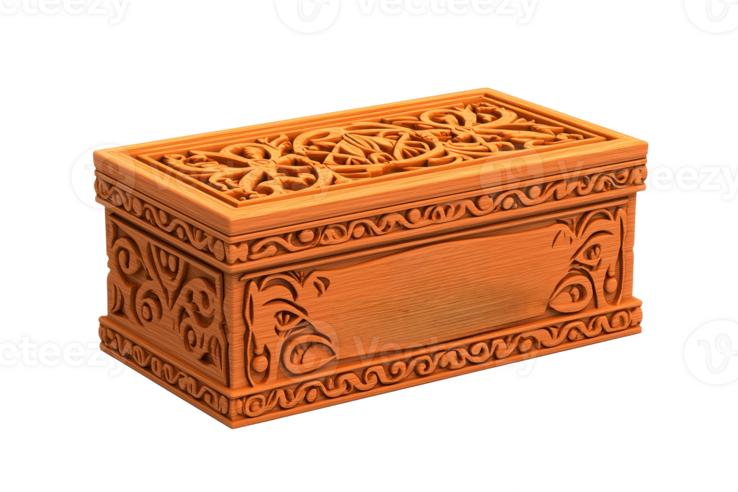 Ornately carved wooden box with intricate patterns and a smooth surface, showcasing craftsmanship and elegance. png