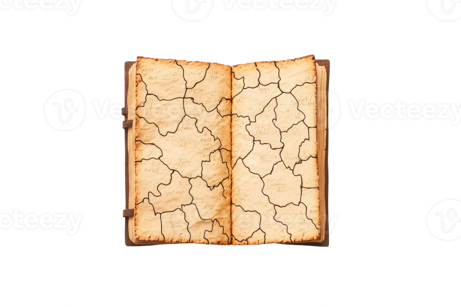 An open, aged book with cracked pages, showcasing a weathered texture and historical appearance. png