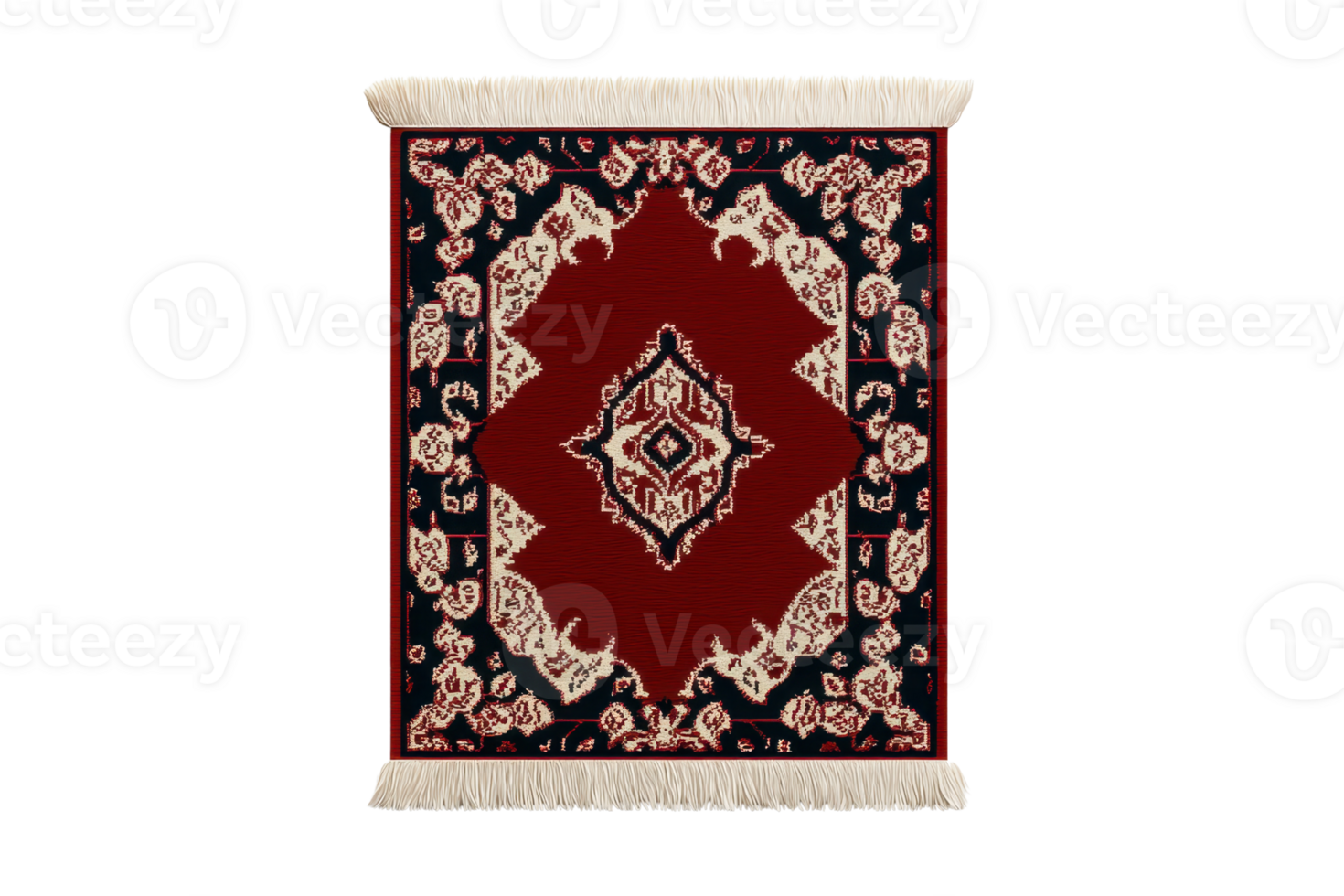 A richly patterned area rug featuring intricate floral designs in red, navy, and cream colors, with decorative fringes on the edges. png