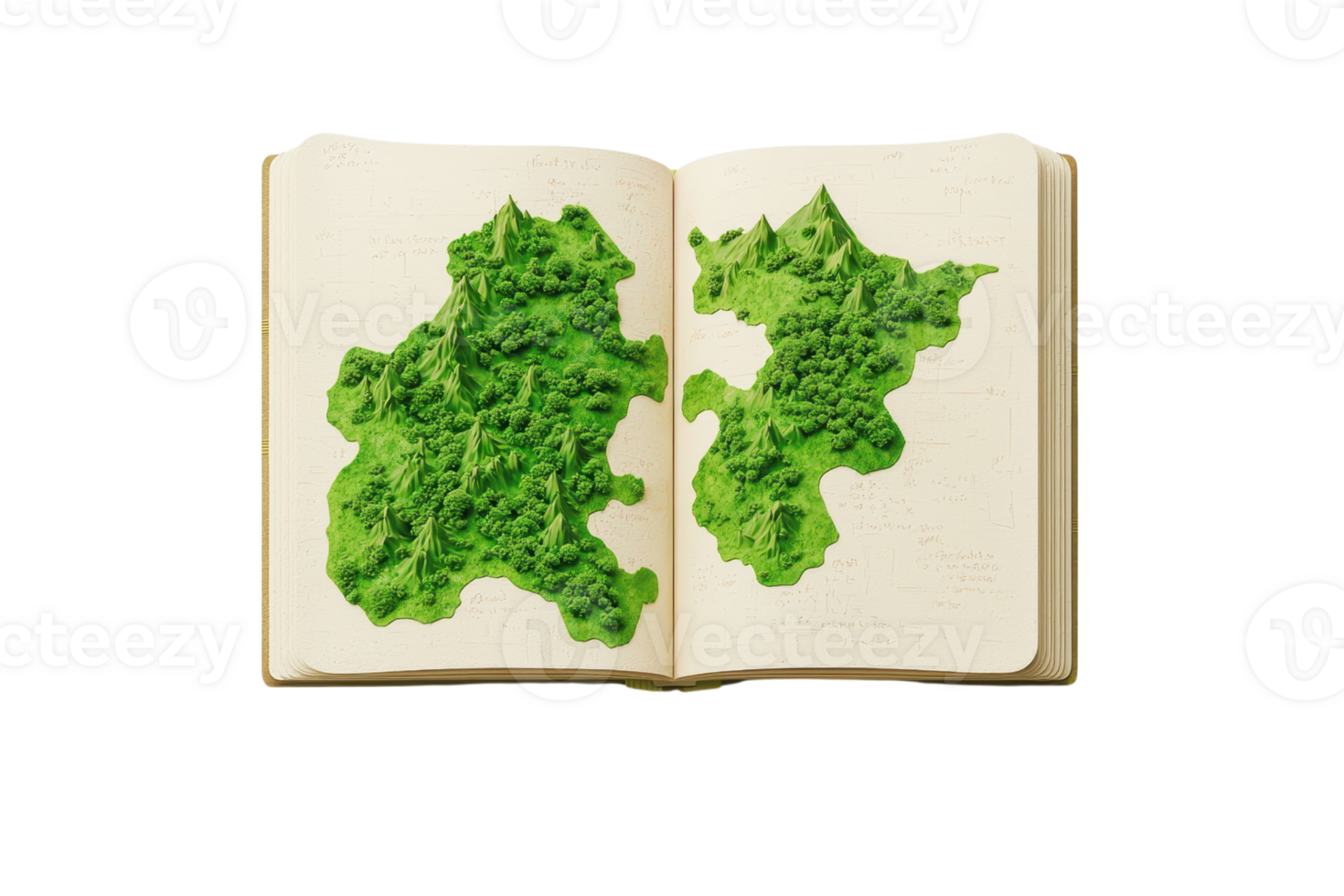 An open book featuring detailed, textured green landscapes resembling topography on its pages. png