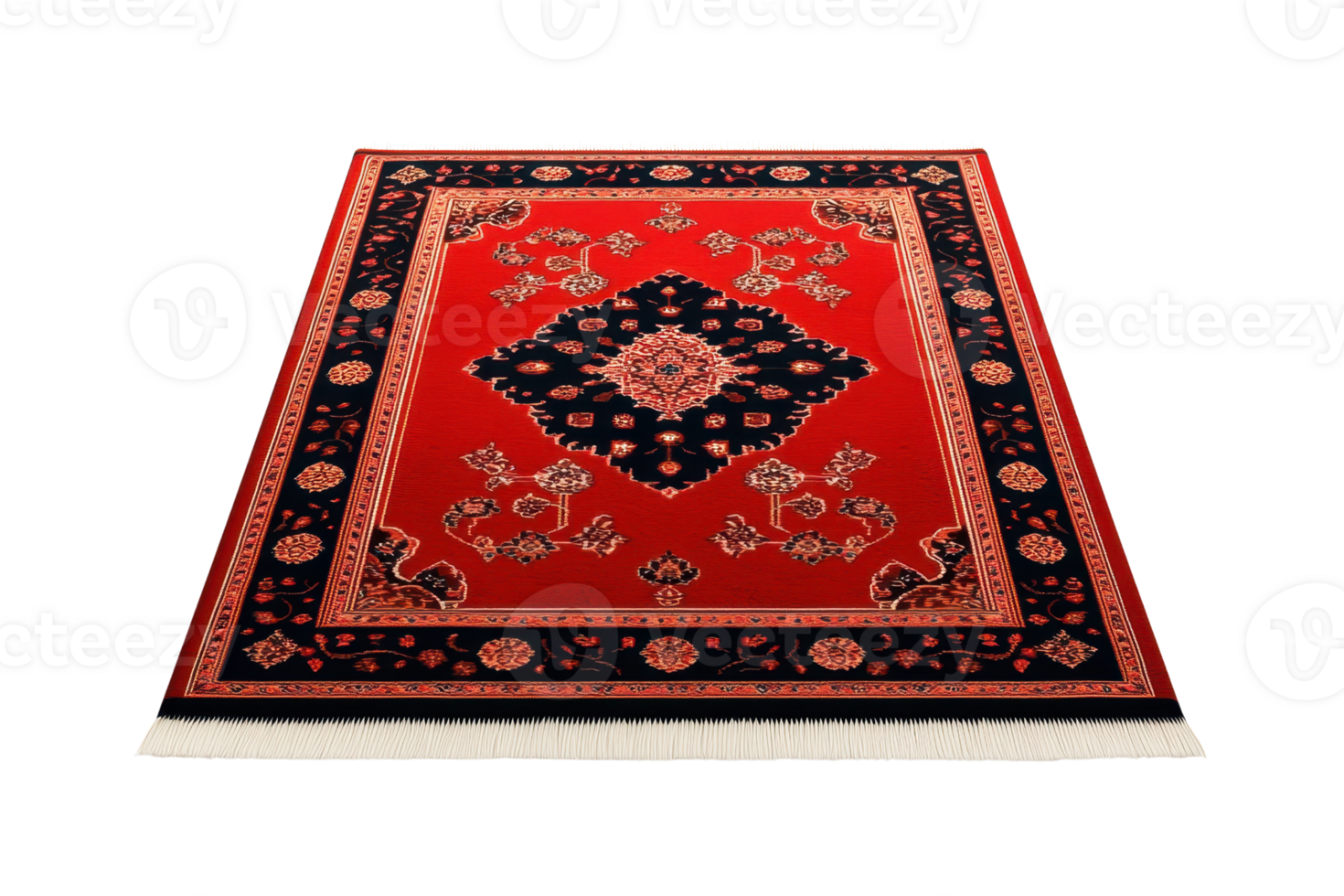 A vibrant red rug with intricate floral patterns, featuring a central diamond design and bordered by dark accents. png