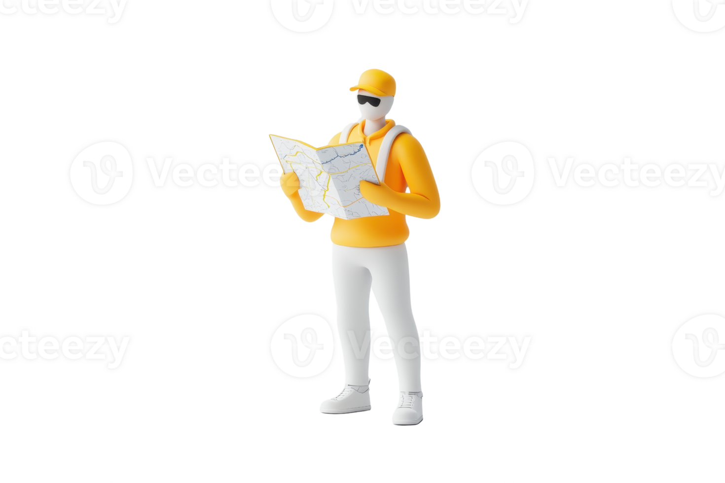 A figurine dressed in yellow, wearing sunglasses, and holding a map, appearing engaged in navigation or planning. png