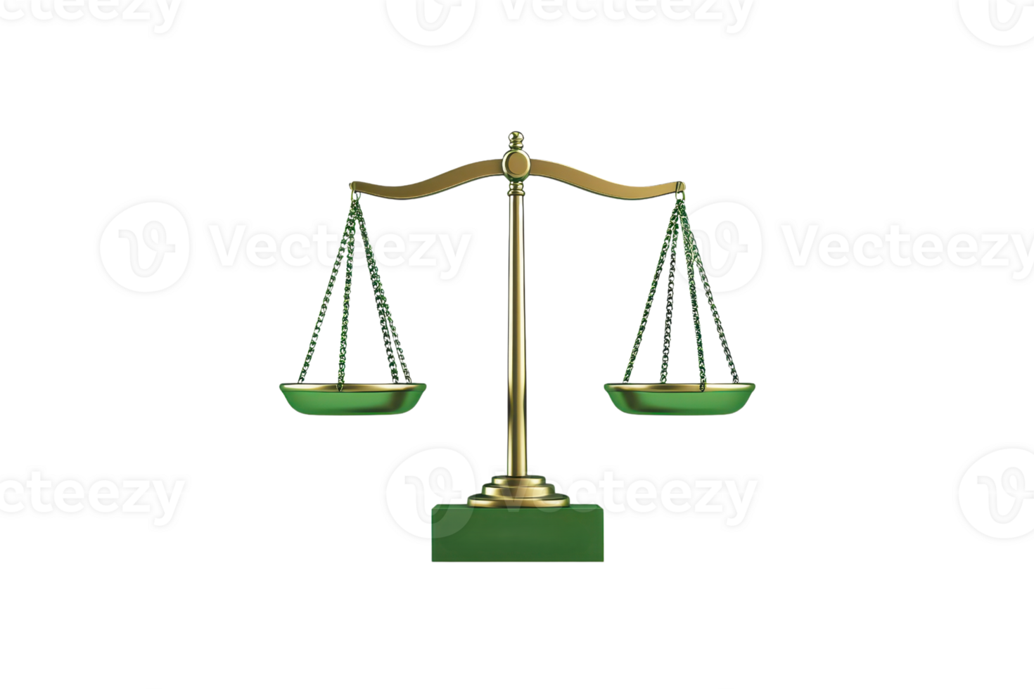 A golden scales of justice featuring green pans, symbolizing fairness and balance in legal matters. png