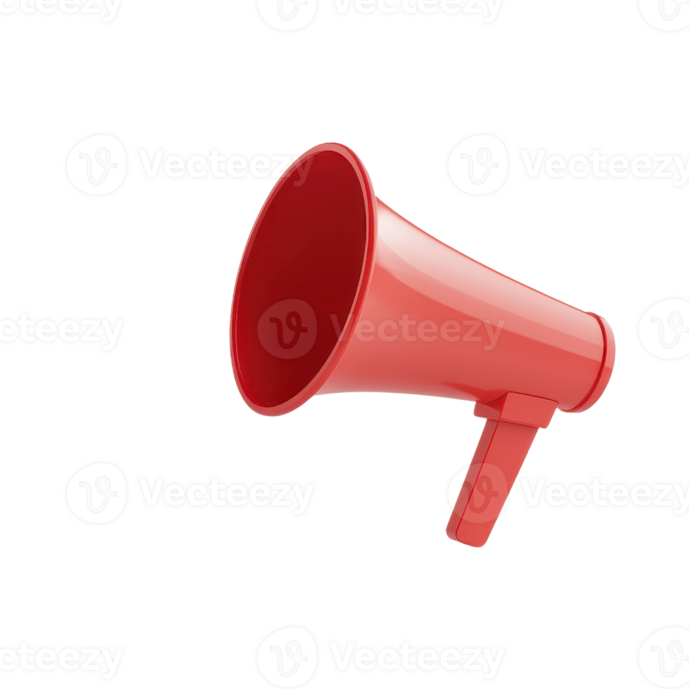 A bright red megaphone with a handle, designed for amplifying sound and communication in various settings. png