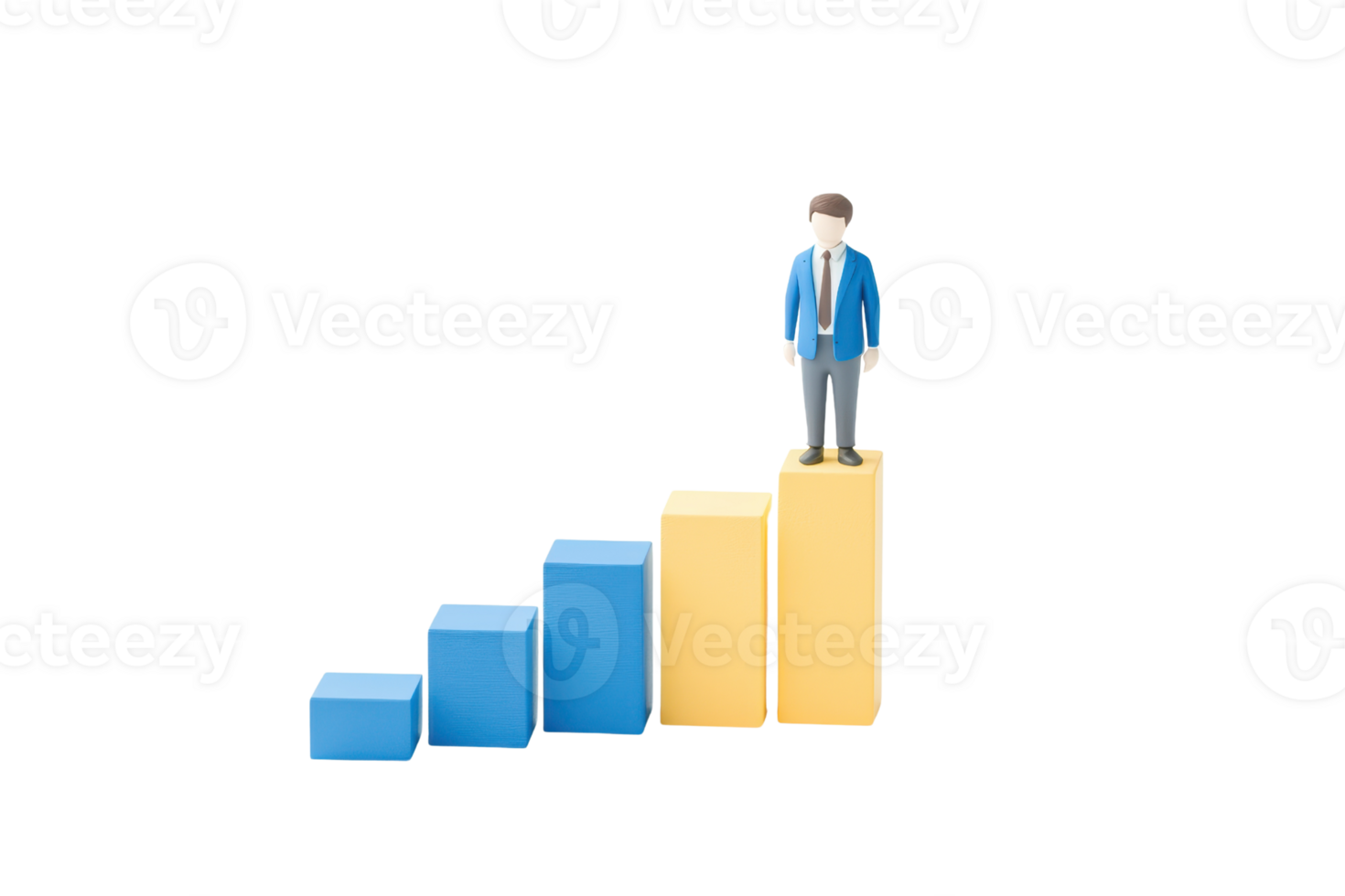 A figure stands atop ascending bars, representing growth and achievement. png