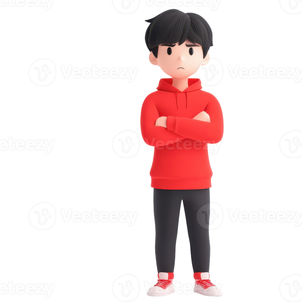 A young cartoon character wearing a red hoodie and black pants stands with arms crossed, displaying a thoughtful expression. png