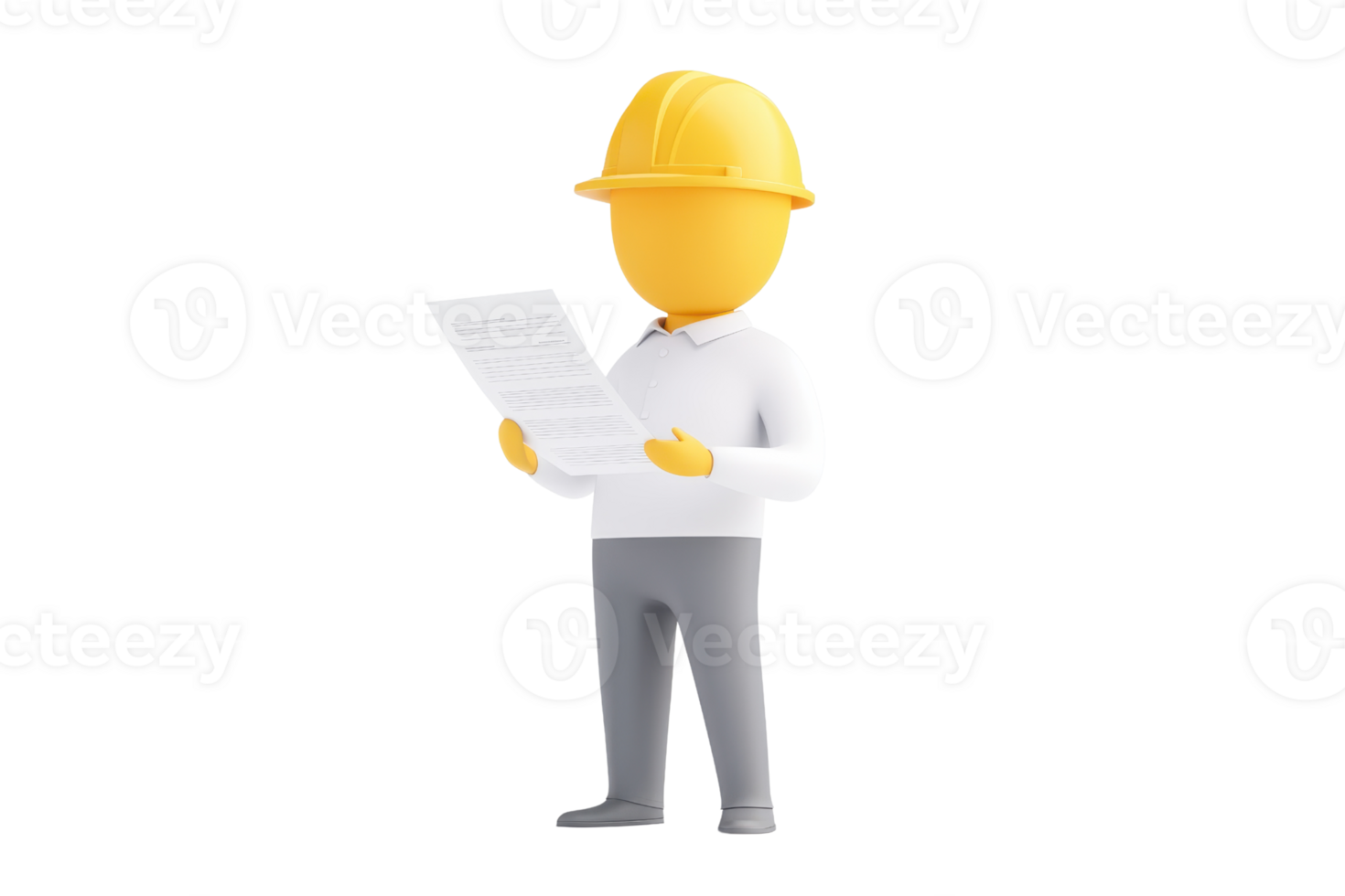 A cartoon figure wearing a yellow hard hat, holding a piece of paper, dressed in a white shirt and gray pants. png