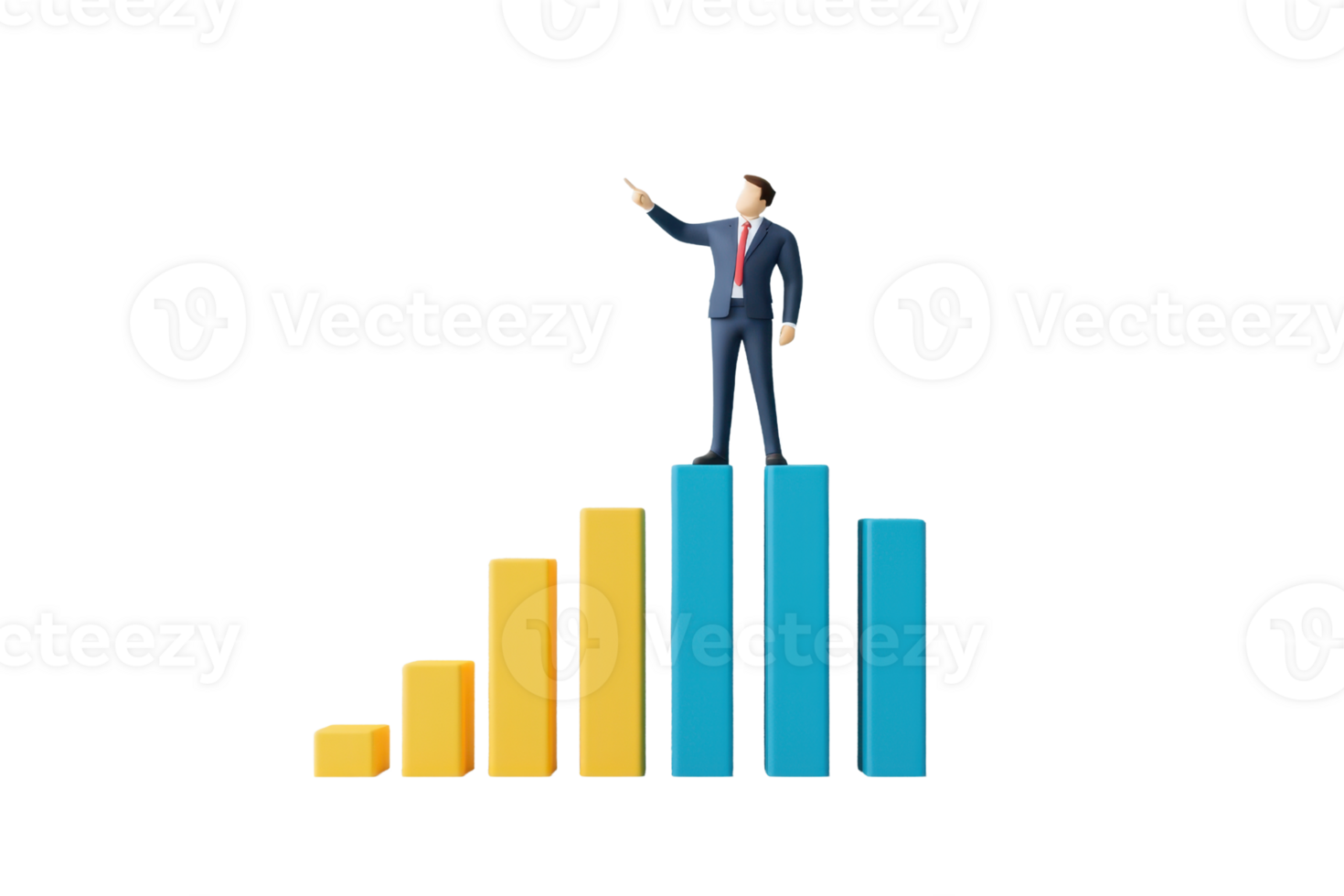 A businessman stands triumphantly on a bar chart, pointing upwards to symbolize growth and success. png