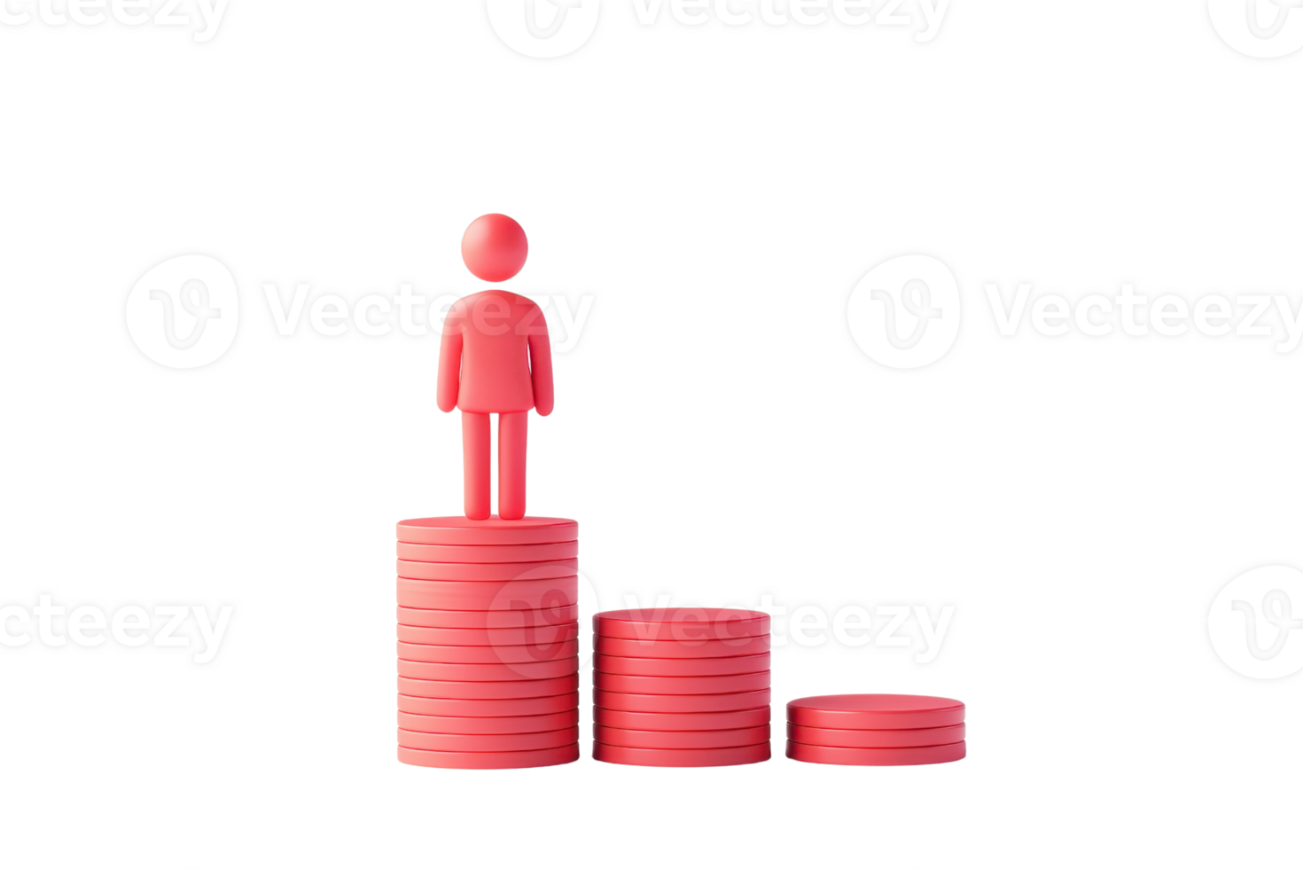 A red figure stands atop a stack of coins, symbolizing success, achievement, or growth in a financial context. png