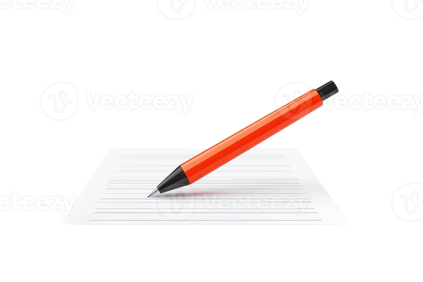 A bright orange pen rests diagonally on a white lined sheet of paper. png