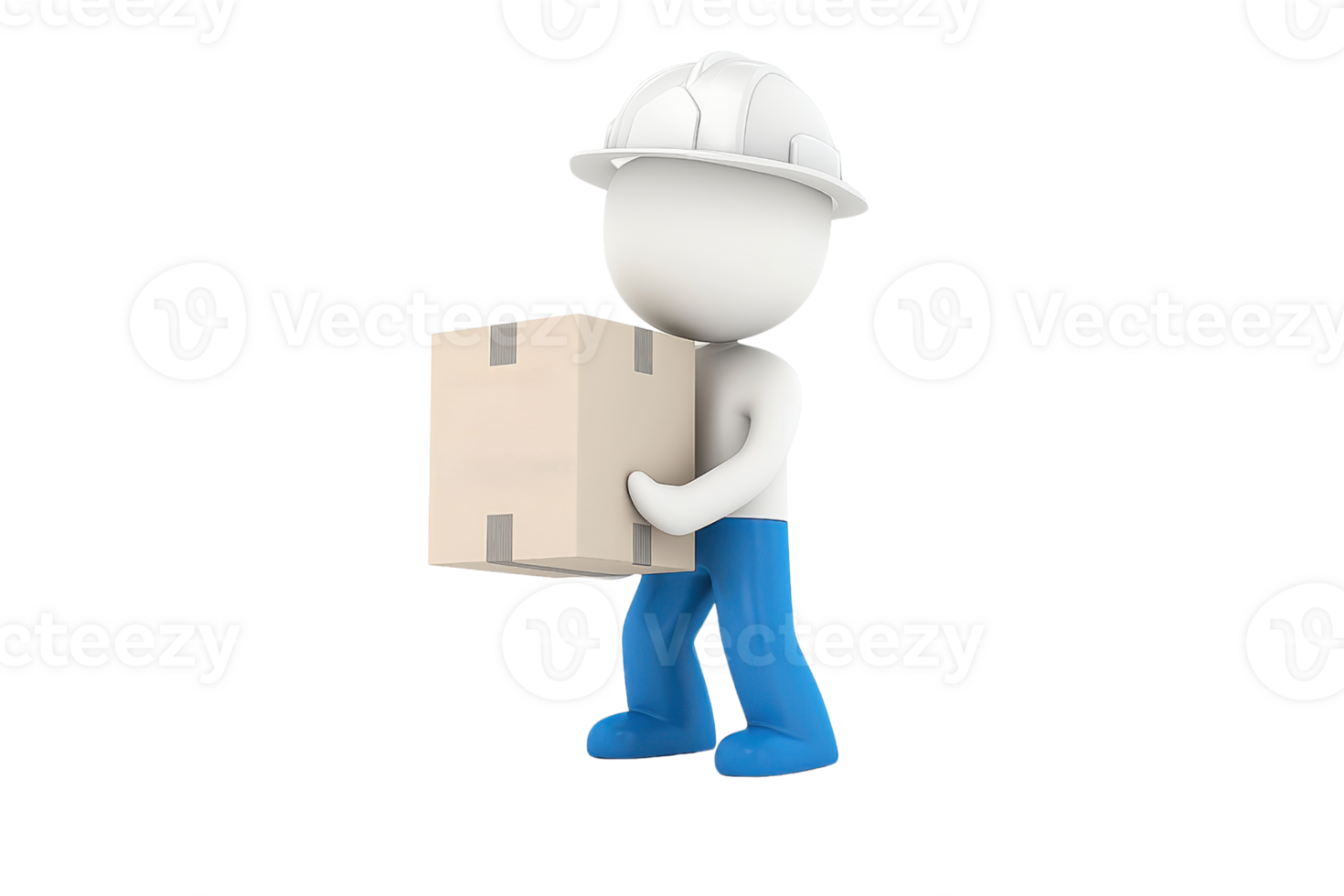 A worker character lifting a cardboard box, wearing a helmet, demonstrating manual handling in a construction or logistics context. png