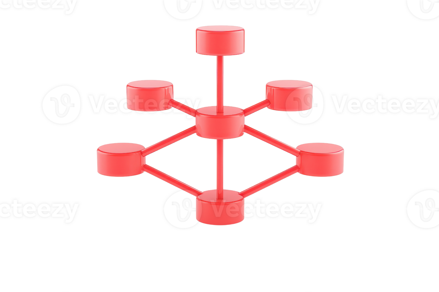 A red geometric structure featuring multiple cylindrical nodes connected by rods, creating a balanced and symmetrical design. png
