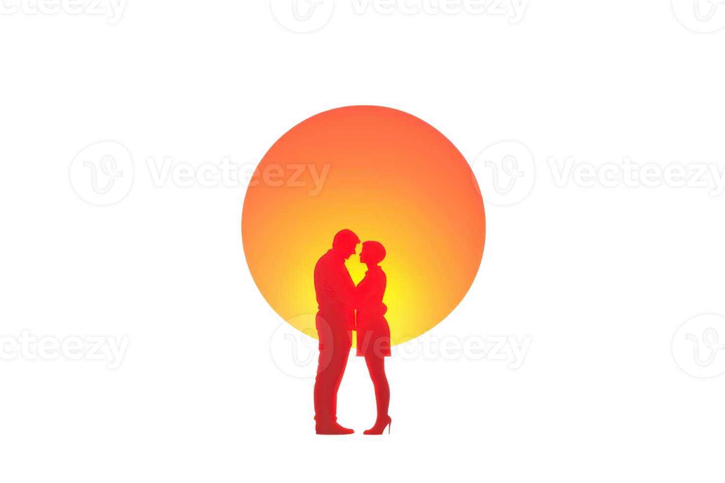 A couple embraces in silhouette against a vibrant, glowing sun, symbolizing love and connection. png