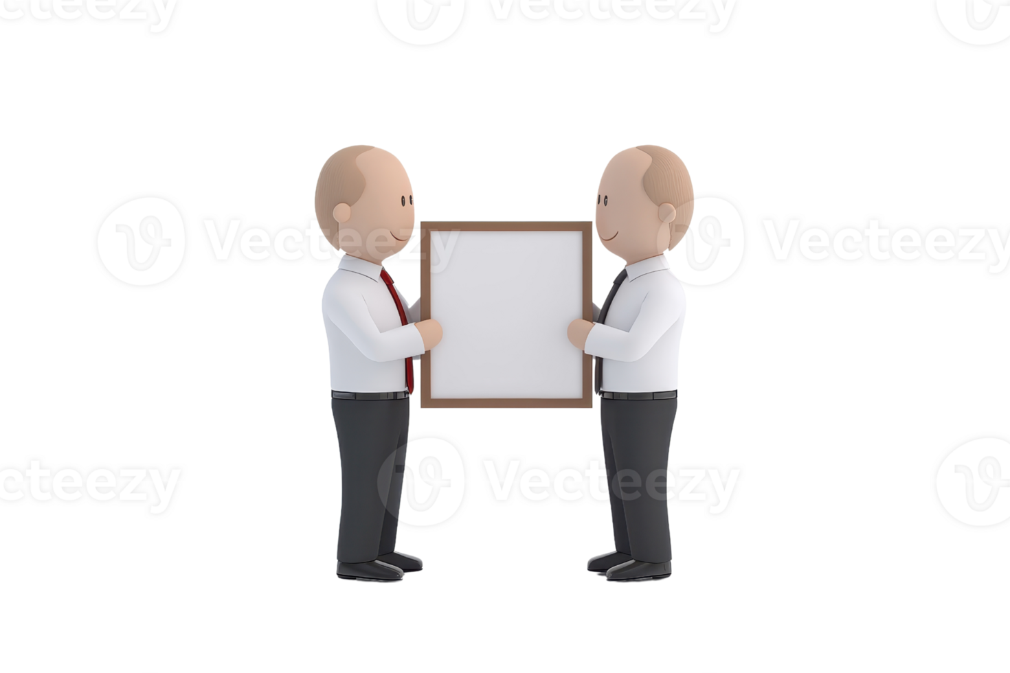 Two cartoonish business figures exchanging a blank frame, symbolizing collaboration or presentation. png