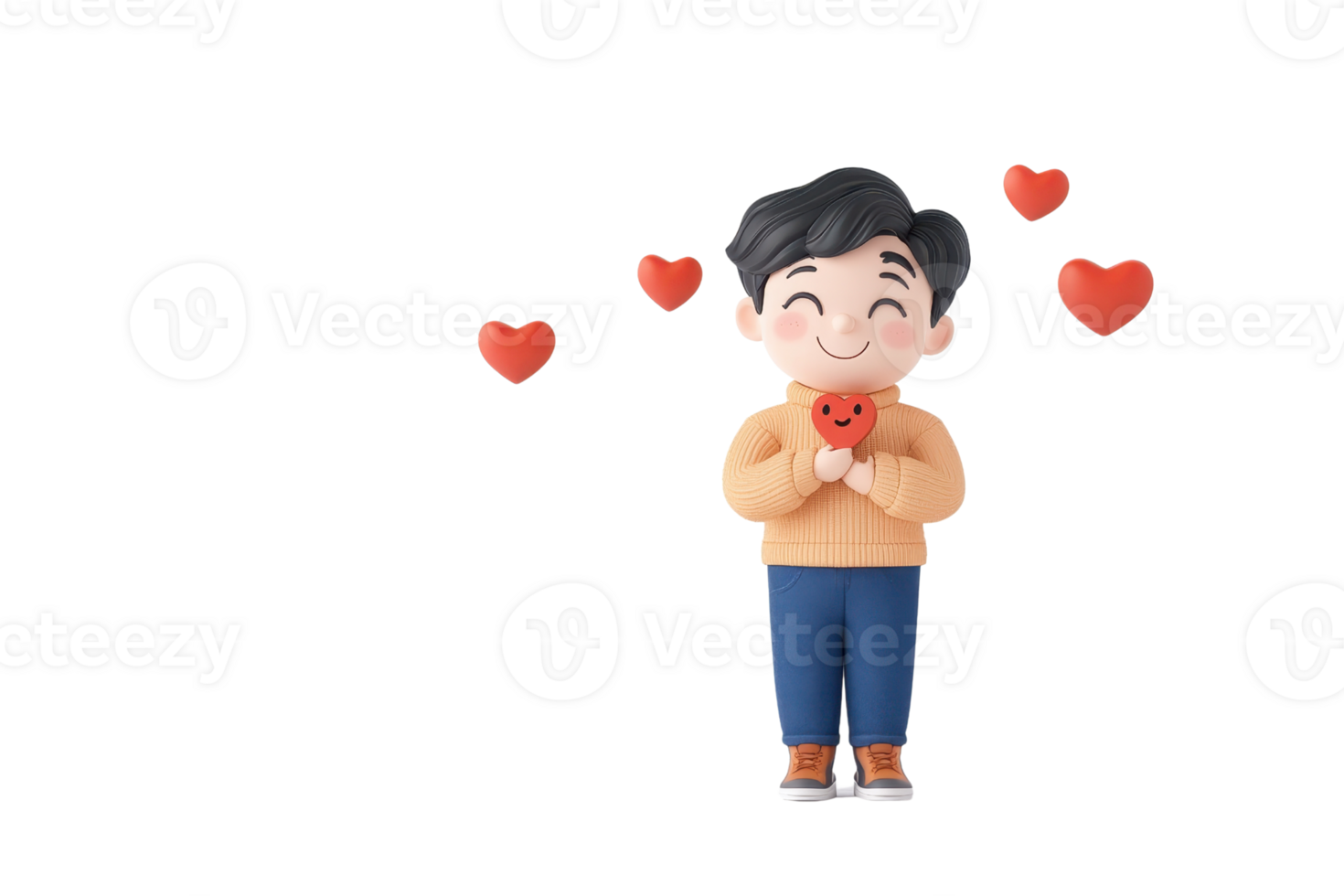 A cheerful cartoon figure holding a red heart, surrounded by floating hearts, expressing love and happiness. png