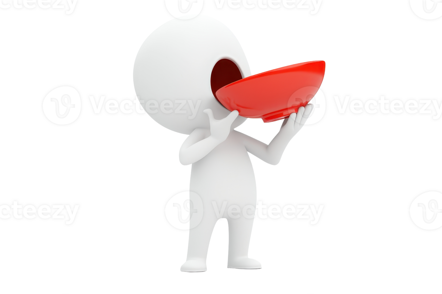 A stylized figure holds a red bowl, appearing to drink or taste from it, showcasing a playful and imaginative design. png