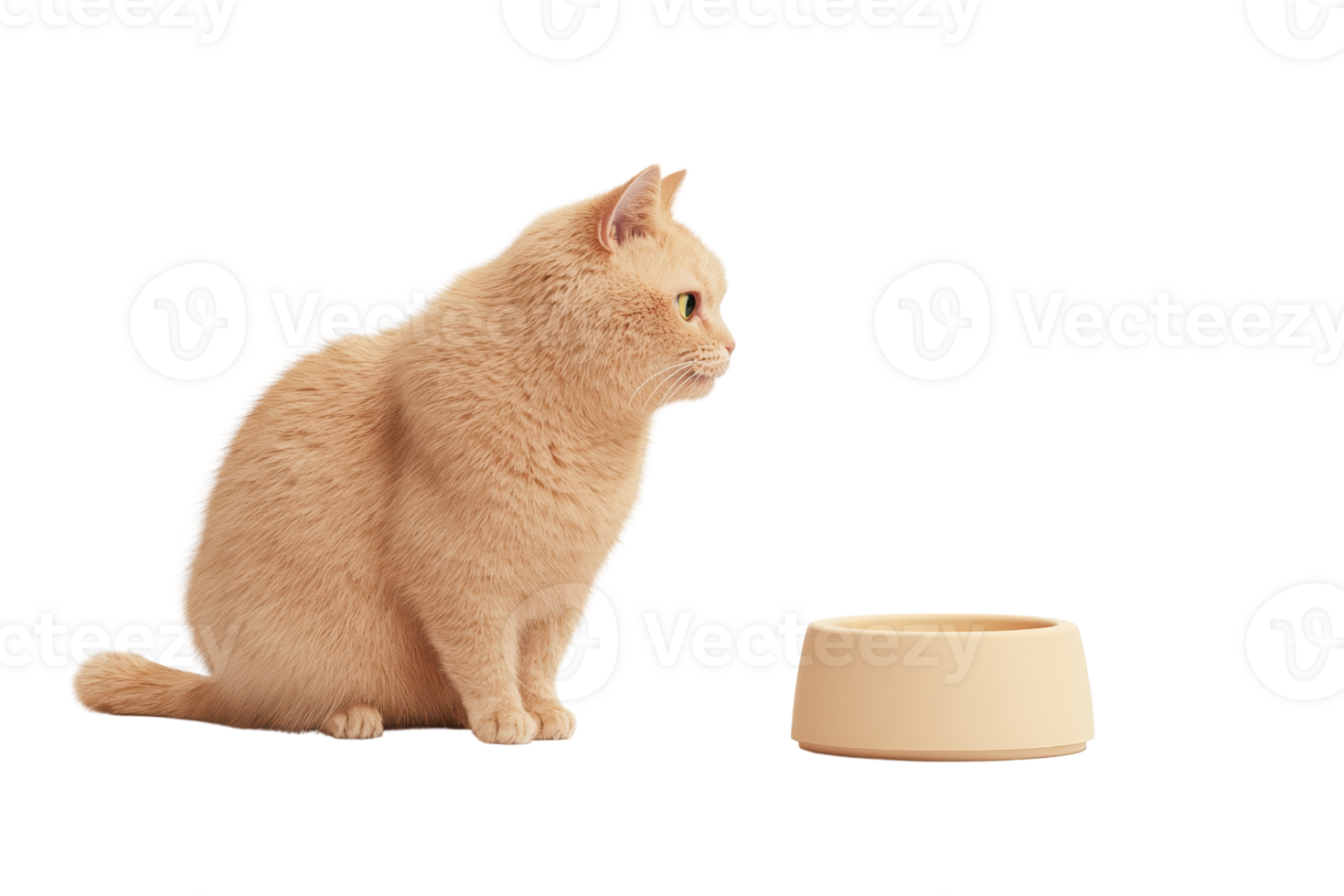 A light-colored cat sits attentively next to a food bowl, displaying curiosity and focus. png