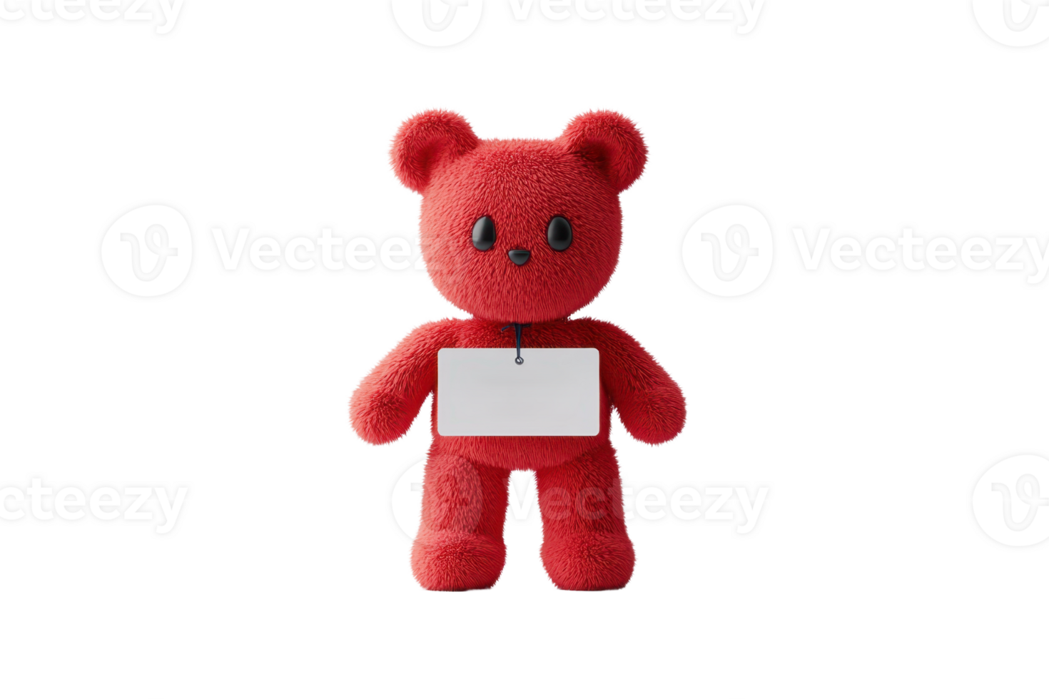 A vibrant red teddy bear with a blank tag attached to its body, featuring round ears and a cheerful facial expression. png