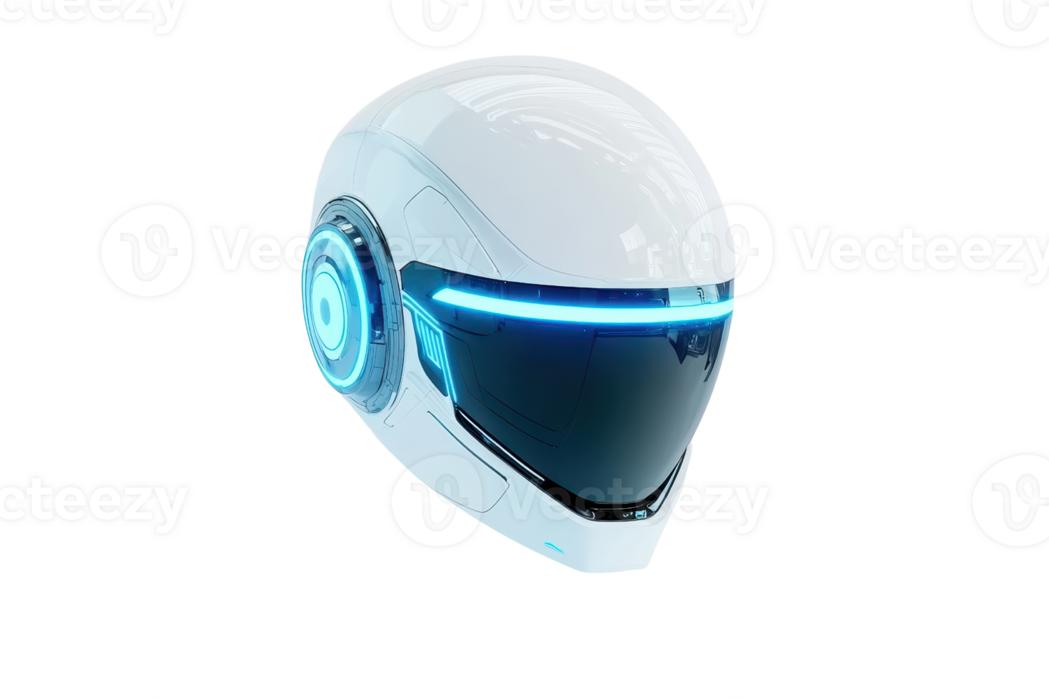 A futuristic white helmet featuring blue light accents and a sleek design, suggesting advanced technology and protection. png
