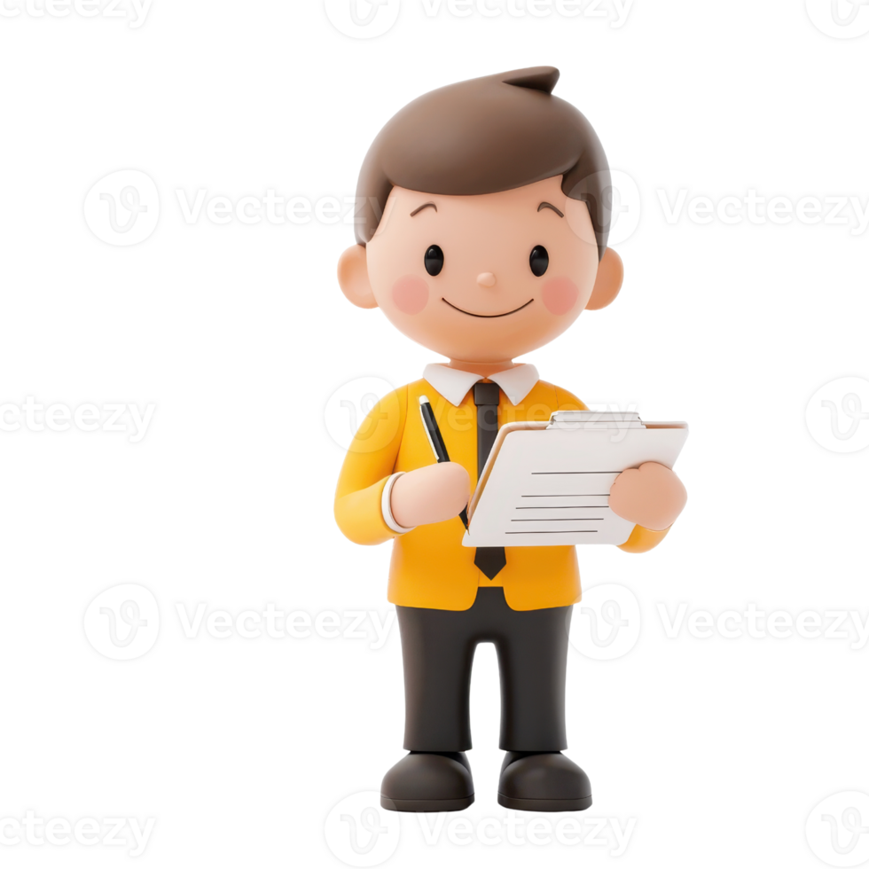A cheerful cartoon boy holding a clipboard and a pencil, dressed in a yellow jacket and black pants, exuding a friendly and approachable demeanor. png