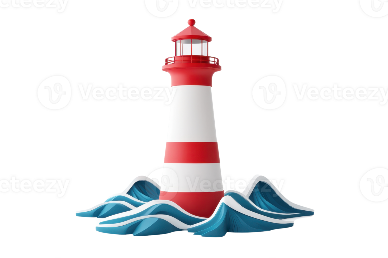 A colorful lighthouse with red and white stripes, surrounded by stylized waves. png