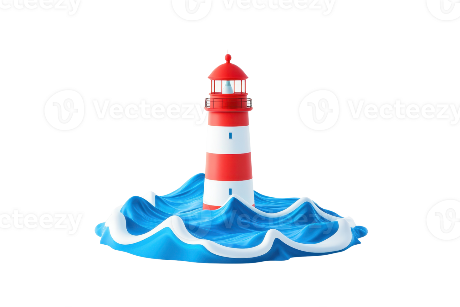 A colorful lighthouse stands atop stylized waves, showcasing red and white stripes with a bright red lantern at the top. png