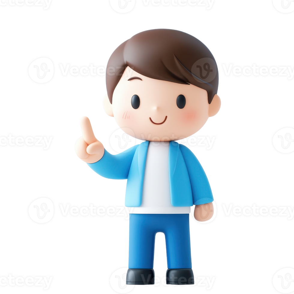 A cheerful cartoon character with a brown hairstyle, wearing a blue jacket and pants, raising a finger in a playful manner. png