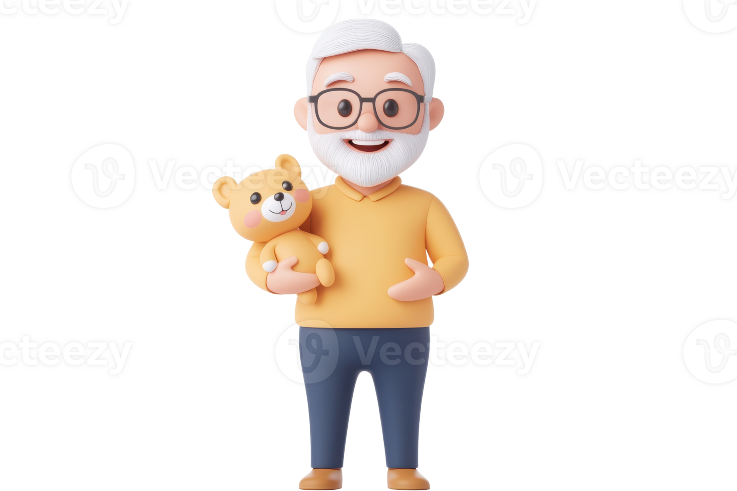 A cheerful elderly man with glasses holds a teddy bear, showcasing a warm and friendly demeanor. png