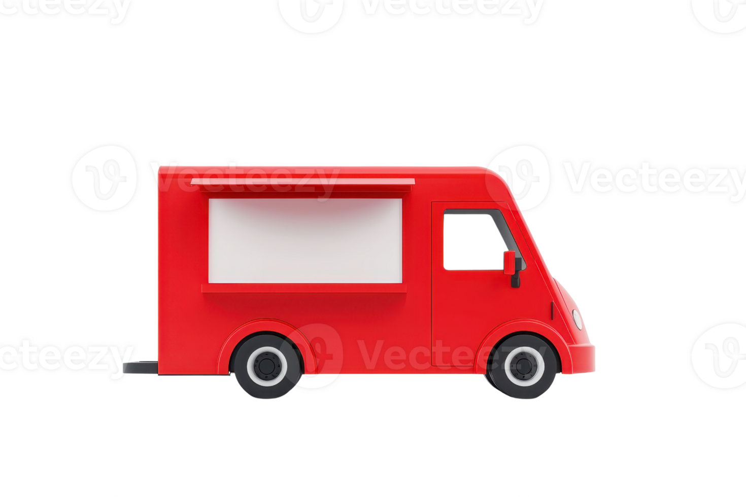 A vibrant red food truck with a large serving window, designed for mobile dining and food service. png