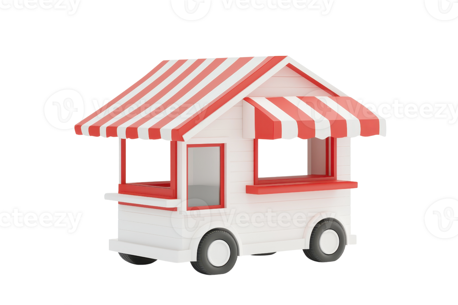 A colorful food cart with red and white striped awnings, designed for selling snacks or beverages. png