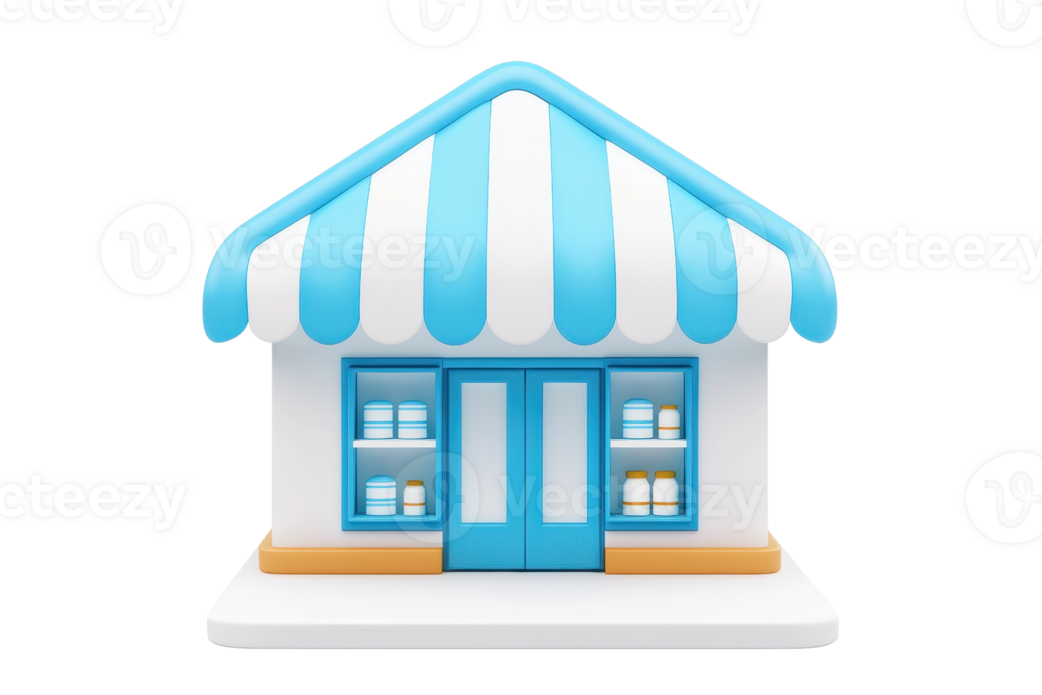A small, colorful shop featuring a blue-striped awning and display windows filled with various products. png