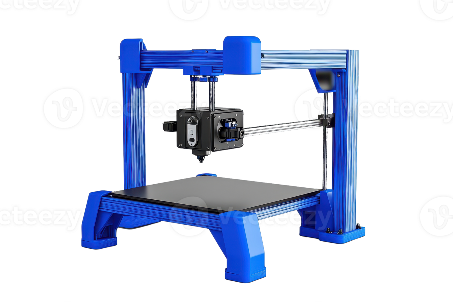 A modern blue 3D printer designed for precision printing, featuring a movable print head and a sturdy platform for creating three-dimensional objects. png