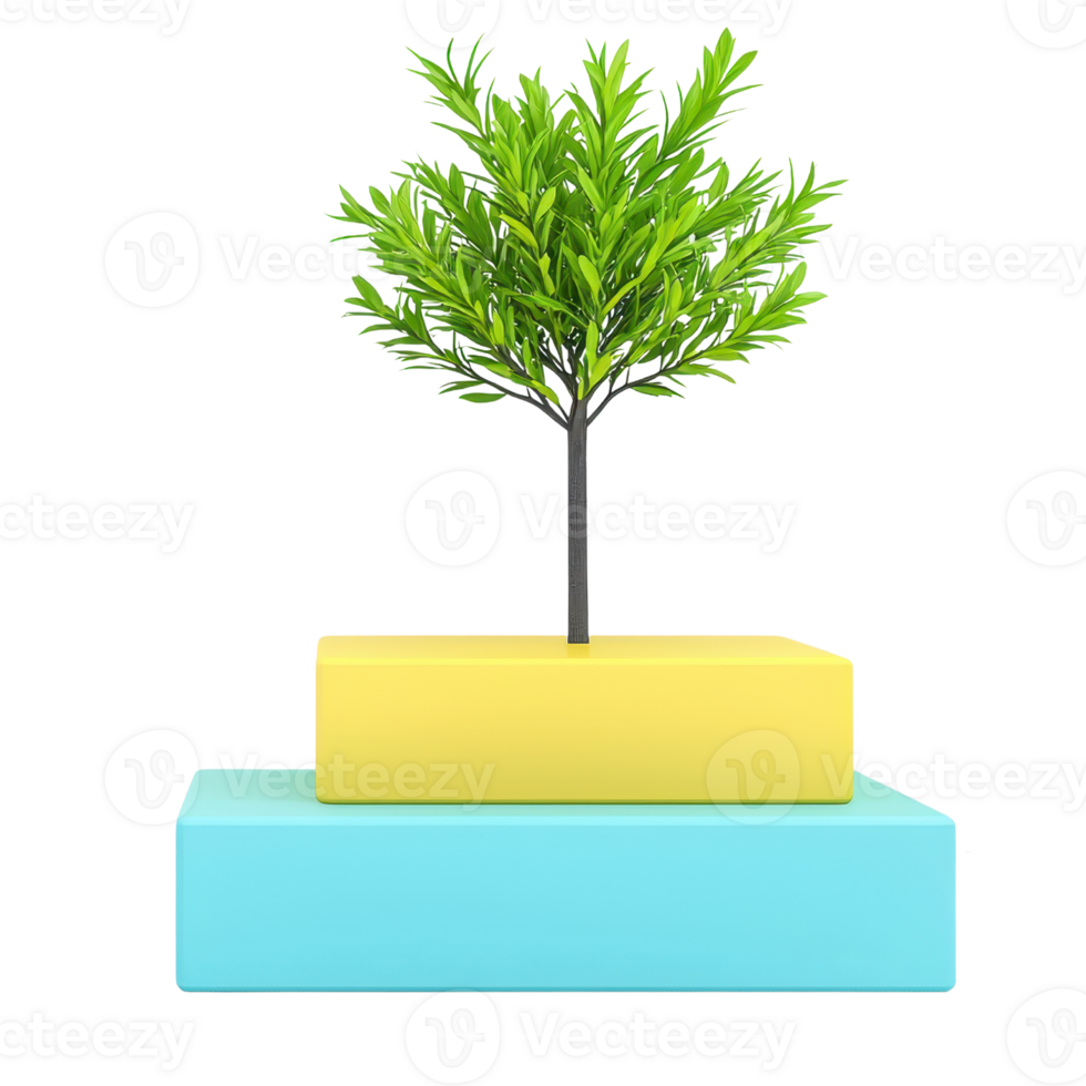 A vibrant green tree sits atop two geometric blocks, one yellow and one blue, creating a striking visual contrast. png