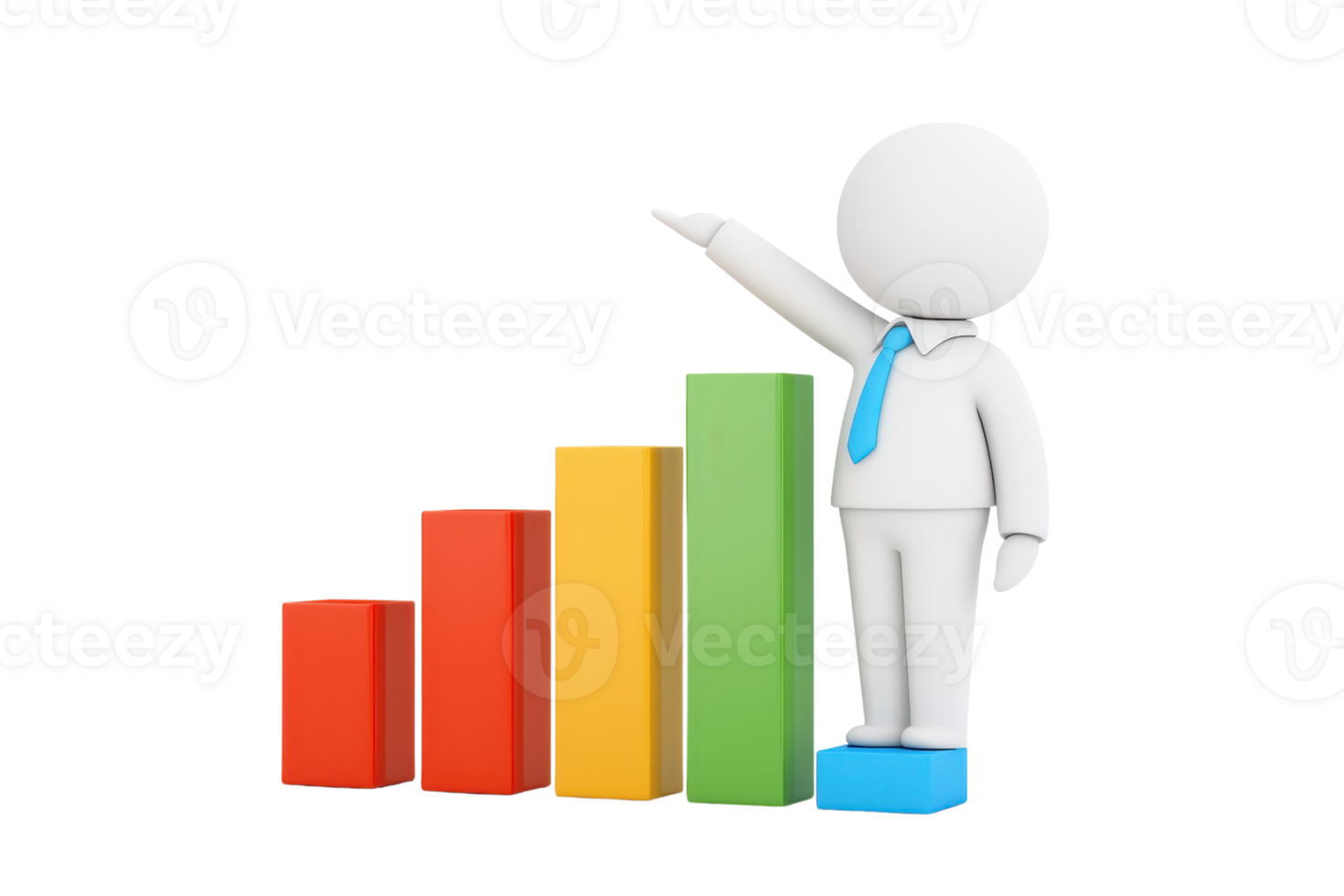 A 3D figure in a suit gestures towards ascending colorful bar graphs, symbolizing growth and success. png
