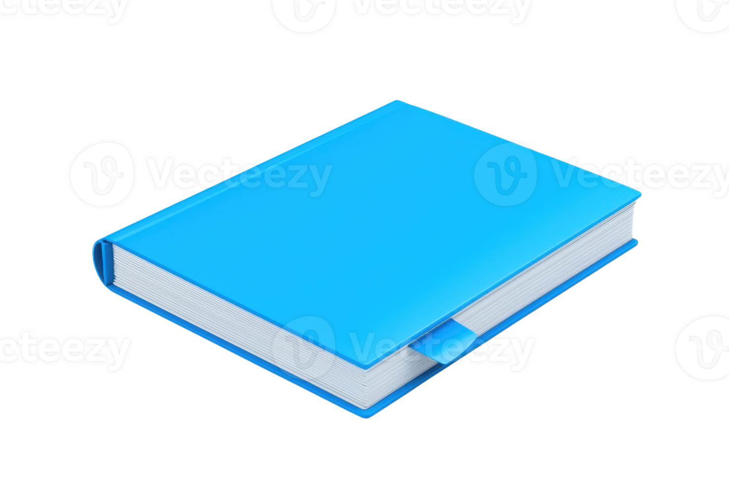 A vibrant blue book with a smooth cover and a ribbon bookmark, resting flat on a surface. png