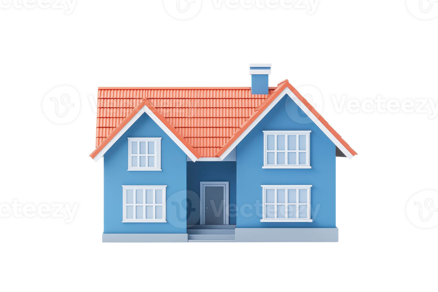 A blue house with a red tiled roof, featuring multiple windows and a front door. png