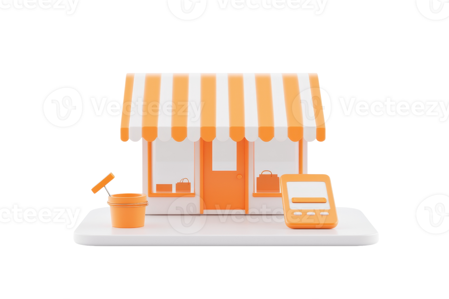 A small shop model with orange and white striped awning, featuring a door and a cash register on a platform. png