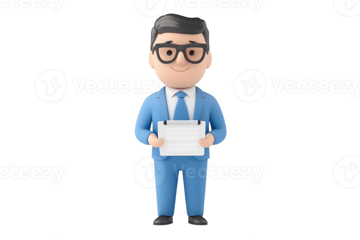 A cartoonish businessman in a blue suit, wearing glasses, holds a document in his hands, conveying professionalism and approachability. png
