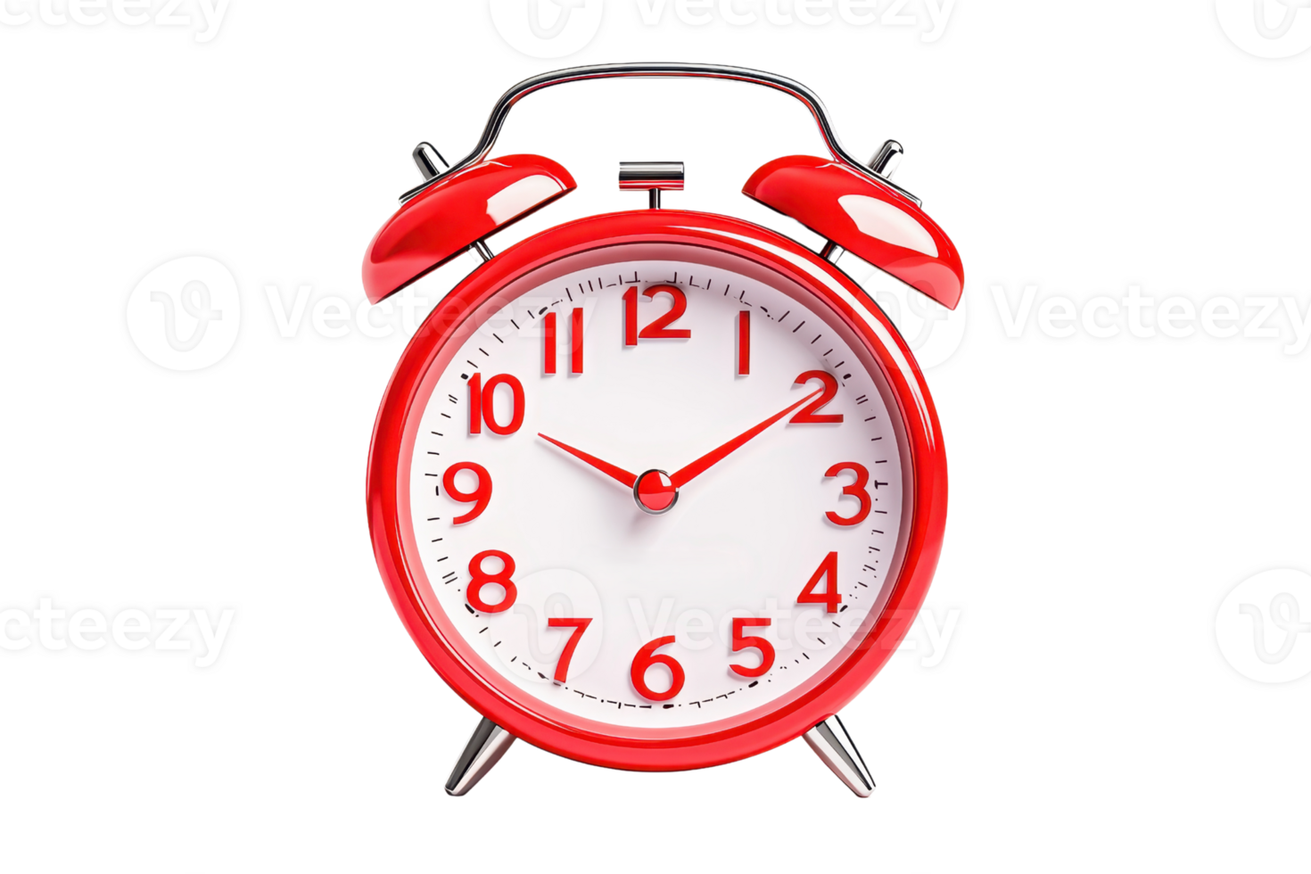 A classic red alarm clock featuring a white face and bold black numbers. png