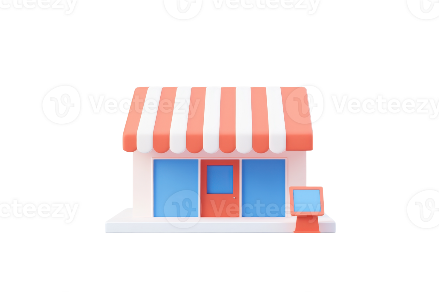 A small, colorful store with red and white striped awning, featuring blue windows and an adjacent display stand. png