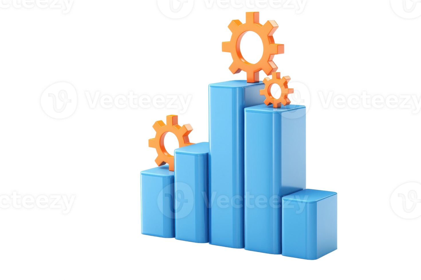 A 3D bar graph featuring blue bars with orange gears on top, symbolizing growth and mechanical processes. png