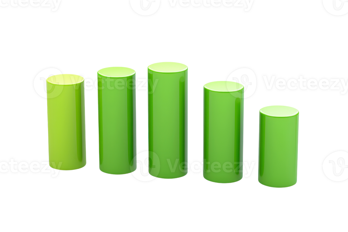 Five green cylindrical objects of varying heights arranged in ascending order, showcasing a gradient effect. png