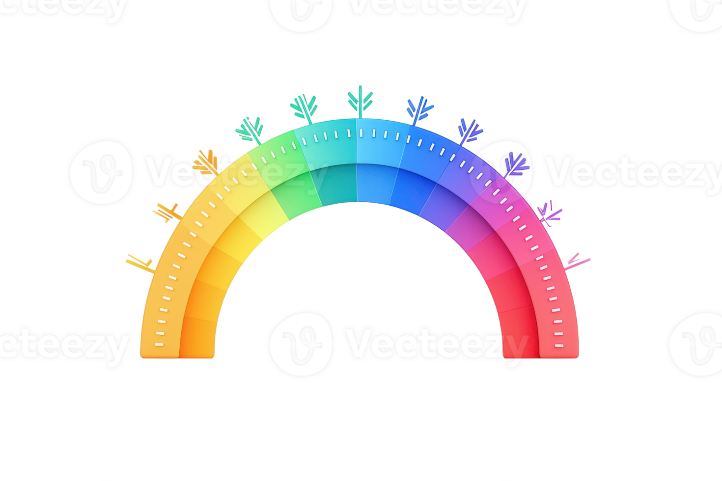 A vibrant rainbow arch adorned with stylized leaves, showcasing a spectrum of colors from red to violet. png